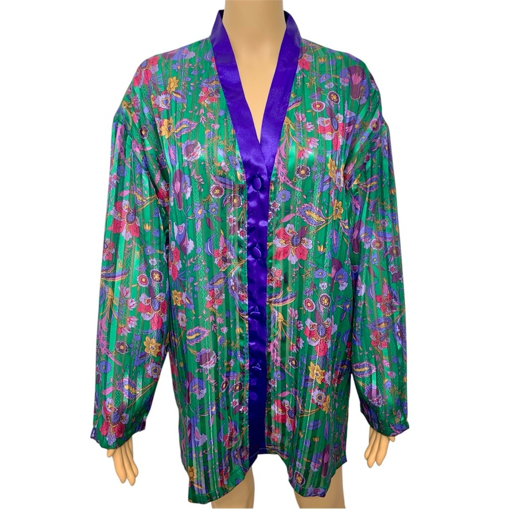 Vintage Victoria's Secret Golden Label Satin Green-Purple Floral Pajama Top Sz L